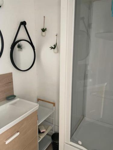 une salle de bain avec une douche, un lavabo et un miroir dans l'établissement Charming appartment in the heart of La Palmyre, aux Mathes