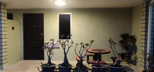 um quarto com uma mesa e algumas plantas em vasos em Tazrah roomstay (1 queen or 2 twin super single room) em Kuala Rompin