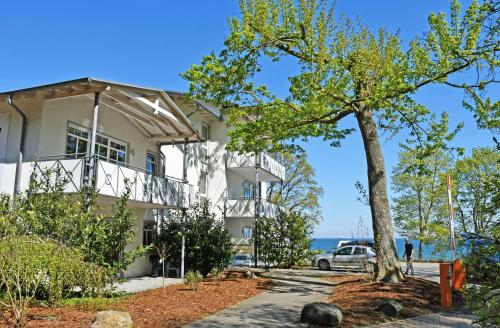 una casa con un albero davanti di Appartementhaus am Strand m Balkon Göhren OR 01-09 a Göhren