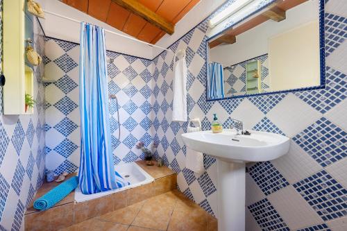 a blue and white bathroom with a sink and a shower at Villa Fina in Deltebre