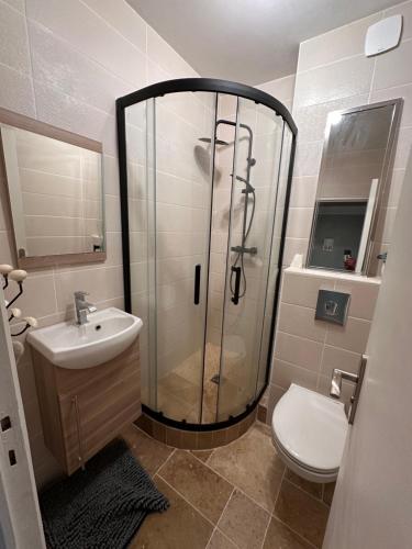 une salle de bain avec une douche, un lavabo et des toilettes dans l'établissement bouffée d'oxygène bord de mer, à Blonville-sur-Mer