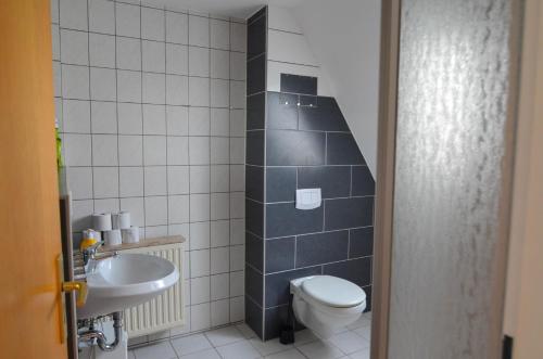 a bathroom with a toilet and a sink at Burhave Gästehaus 7 in Butjadingen