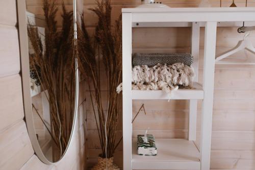 a white shelf with a mirror in a room at Miško kraštas in Vileikiai
