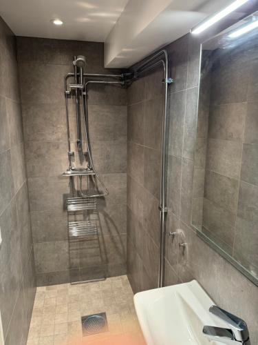 W łazience znajduje się prysznic i umywalka. w obiekcie Hällestrand nr 6 Seaview w mieście Strömstad