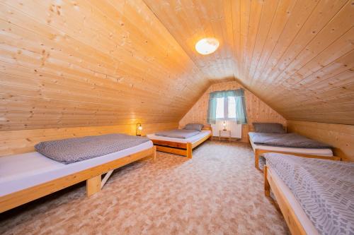 pokój z 3 łóżkami w drewnianym domku w obiekcie Chaloupka Kouty w mieście Loučná nad Desnou