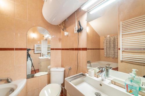 ブダペストにあるPinball Apartmentのバスルーム(トイレ、洗面台、バスタブ付)
