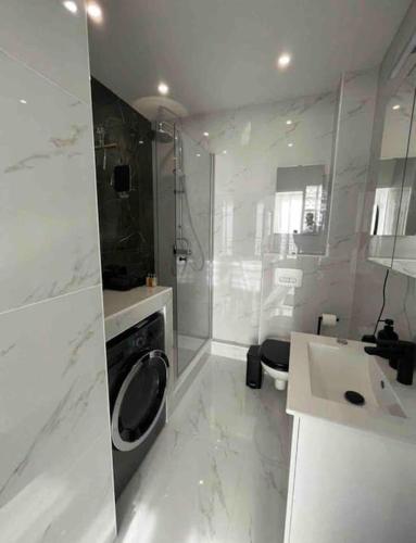 une salle de bain blanche avec un lavabo et une douche dans l'établissement Vue Mer Le Montana, à Cannes