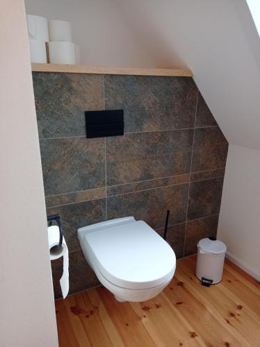 a bathroom with a toilet and a tile wall at Drei-Seiten-Hof Étable mit Schwimmteich und Klimanlage in Fuchshain