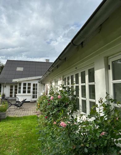 a white house with a yard with roses at Charmerende lejlighed på landet med privat skov in Bjergby