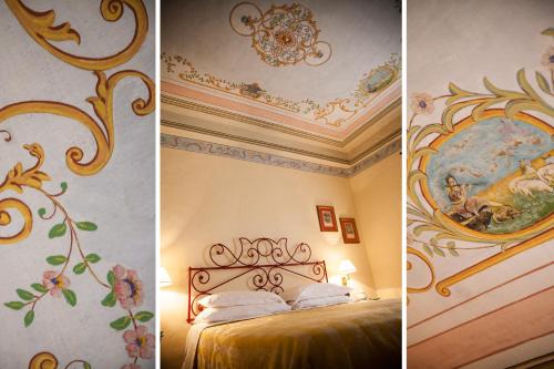 two pictures of a bedroom withpainted ceilings and a bed at Da Gin in Castelbianco