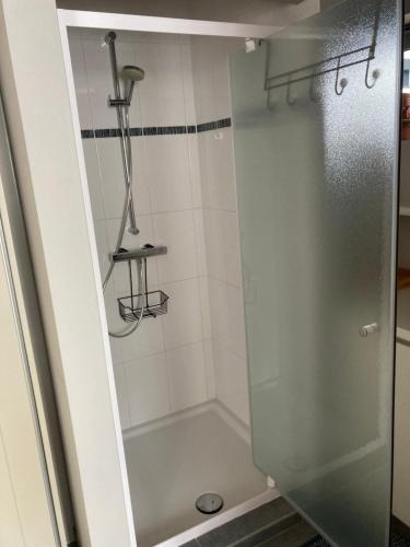 La salle de bains est pourvue d'une douche avec une porte en verre. dans l'établissement Ken 't Gat Bie&Bie, à Maldegem