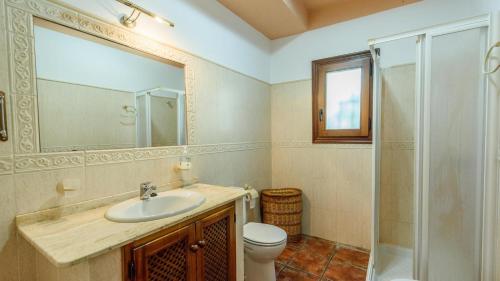 een badkamer met een wastafel, een toilet en een douche bij Cortijo Molino Benizalte Orgiva by Ruralidays in Órgiva