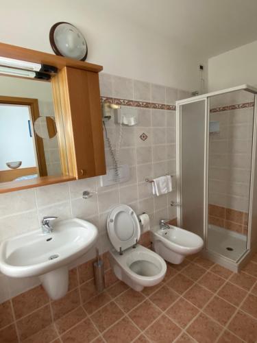La salle de bains est pourvue de toilettes, d'un lavabo et d'une douche. dans l'établissement Garní Ladinia, à Pescul