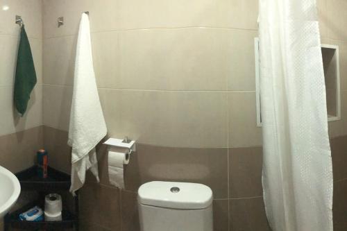 a bathroom with a toilet and a white shower curtain at Студия в тихом дворике рядом с Оперой in Tbilisi City