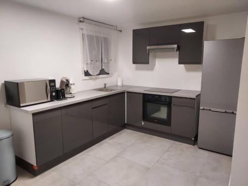 a kitchen with black and white appliances in a room at Appartement d'une chambre avec terrasse et wifi a Saintry sur Seine in Saintry-sur-Seine
