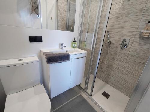 een badkamer met een toilet, een wastafel en een douche bij Casita Leo in Teulada