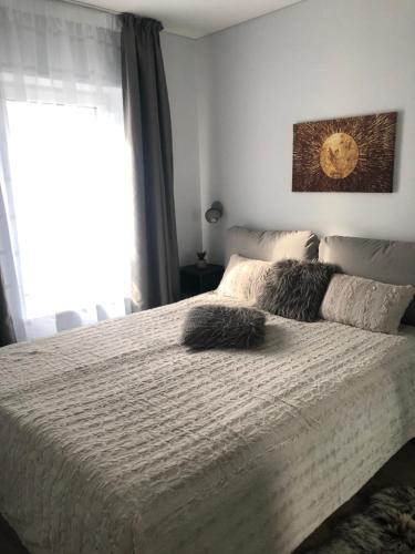 um quarto com uma cama grande e uma janela em Luxurious apartment in the heart of old town with parking em Kaunas