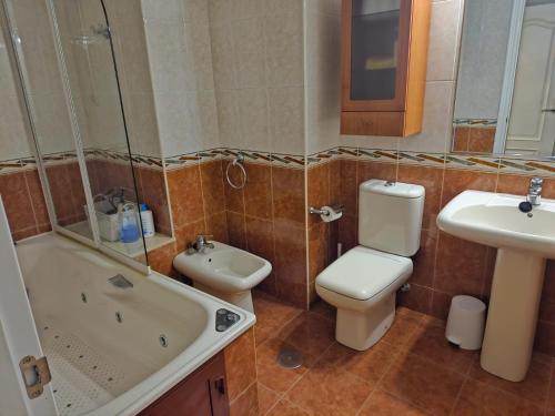 a bathroom with a toilet and a tub and a sink at Zona centro con plaza de garaje VUT3983AS in Gijón