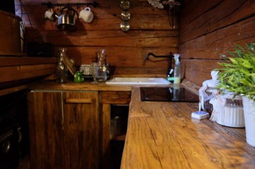 eine Küche mit einer Spüle und einer hölzernen Arbeitsplatte in der Unterkunft Wooden love nest in Vransko