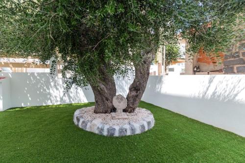 un albero seduto sull'erba vicino a una recinzione bianca di Appartamento Perla Verde, WiFi e Air Con a Cala Gonone