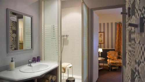 a bathroom with a sink and a shower with a mirror at Au Bonheur De Ce Monde in Boudreville