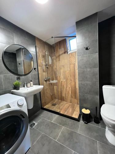 uma casa de banho com um chuveiro, um WC e um lavatório. em Green Escape Mavrovo em Mavrovo