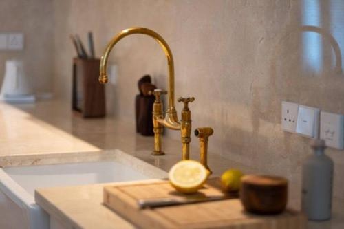 a lemon on a cutting board next to a kitchen sink at Luxe CL in Colombo