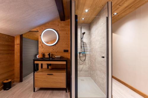 a bathroom with a shower and a vanity with a mirror at Gîte Colomban in Thônes