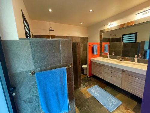 a bathroom with a sink and a blue towel at Villa Hermès chambre en suite parentale in Saint-Pierre