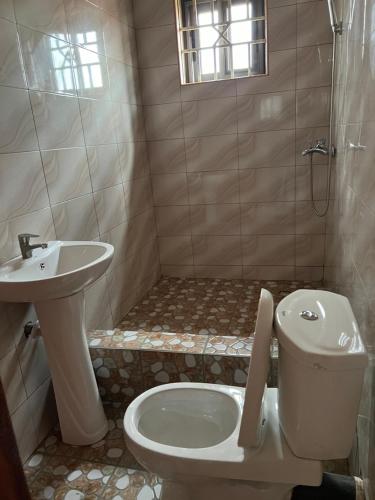 bagno con servizi igienici e lavandino di Serene Hostel a Aboman
