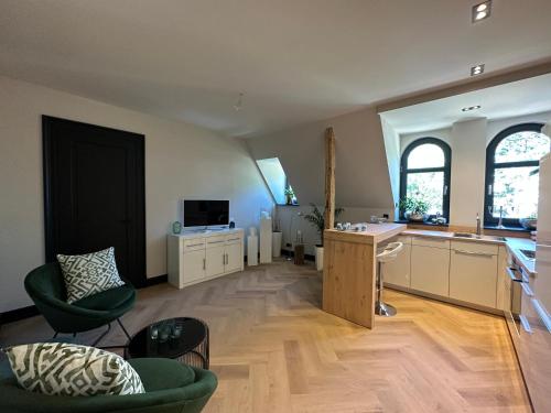 a large room with a kitchen and a living room at außergewöhnliche Ferienwohnung Stadtvilla Plauen in Plauen