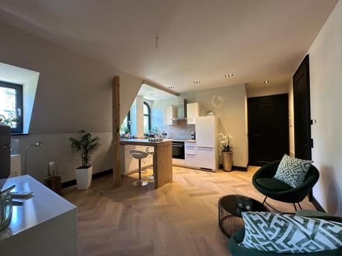 een woonkamer met een keuken en een eetkamer bij außergewöhnliche Ferienwohnung Stadtvilla Plauen in Plauen