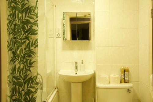a bathroom with a sink and a toilet and a mirror at Meridian Stays Canary Wharf Close to Excel and O2 in London
