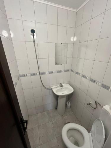 ein Bad mit einem WC und einem Waschbecken in der Unterkunft Solaria Budget Studio in Galaţi