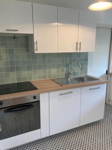 une cuisine avec des armoires blanches et un évier dans l'établissement Appartement hyper centre avec garage, à Lille
