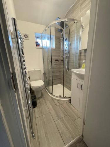 a bathroom with a shower and a toilet and a sink at UPPAMOST London luxury home 2 in Dagenham