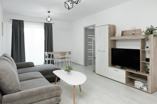 Cozy ApartHotel Suceava في سوسيفا: غرفة معيشة مع أريكة وتلفزيون
