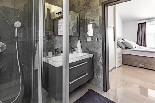 a bathroom with a sink and a shower at Villa Bella Draguc in Kurelići