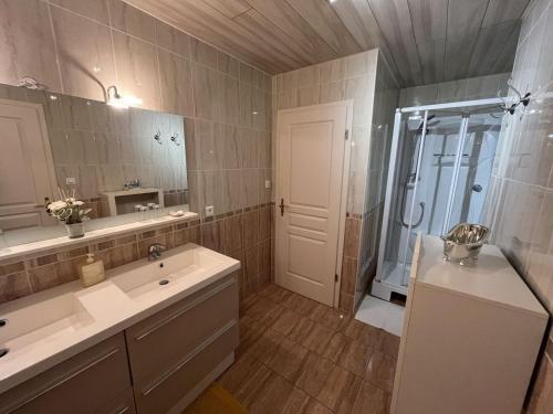 y un baño grande con lavabo y ducha. en Le Charme de l'Altenberg, en Neubois
