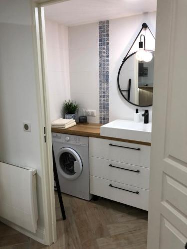 une salle de bain avec un lavabo et une machine à laver dans l'établissement Cosy Studio, à Colombes