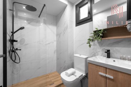 een badkamer met een douche, een toilet en een wastafel bij Railway Lofts, Nilie Hospitality MGMT in Thessaloniki