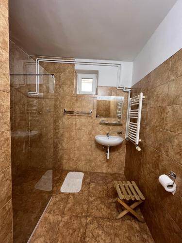 a bathroom with a glass shower and a sink at Pensiunea Hera in Sighişoara