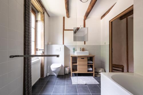 a bathroom with a tub and a toilet and a sink at Le Moulin de la Farge B&B in Saint-Moreil