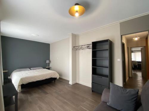 1 dormitorio con cama, tocador y espejo en Appartement Chaleureux à La Madeleine - 2 Chambres, en La Madeleine