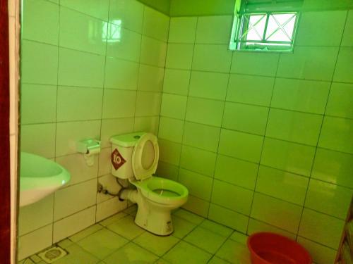 baño verde con aseo y lavamanos en African Tent Resort en Kabale