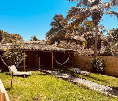 ein Haus mit einer Hängematte im Hof mit Palmen in der Unterkunft La Nómada Digital - Máncora Playa & Piscina in Máncora