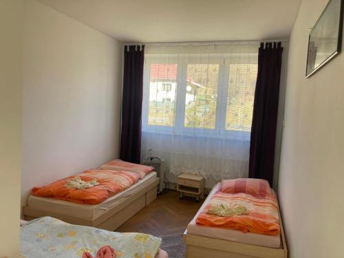 a room with two beds and a window at Turistická ubytovňa Jurčišin in Snina