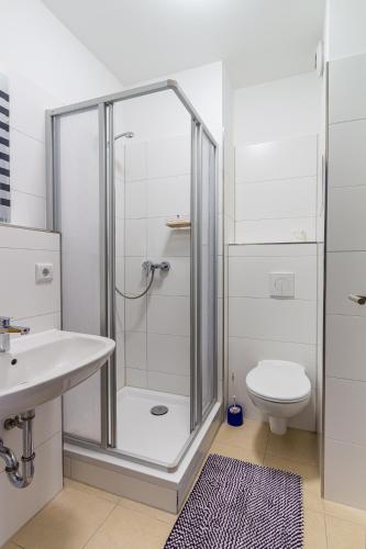 a bathroom with a shower and a toilet at Pension für Monteure in Leipzig in Leipzig