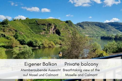 a view of a river with a mountain at Historisches Mosel-Refugium in Bremm