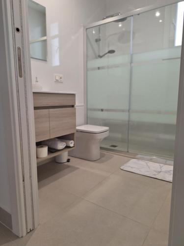 a bathroom with a toilet and a glass shower at Appartement T3 en villa in Hendaye